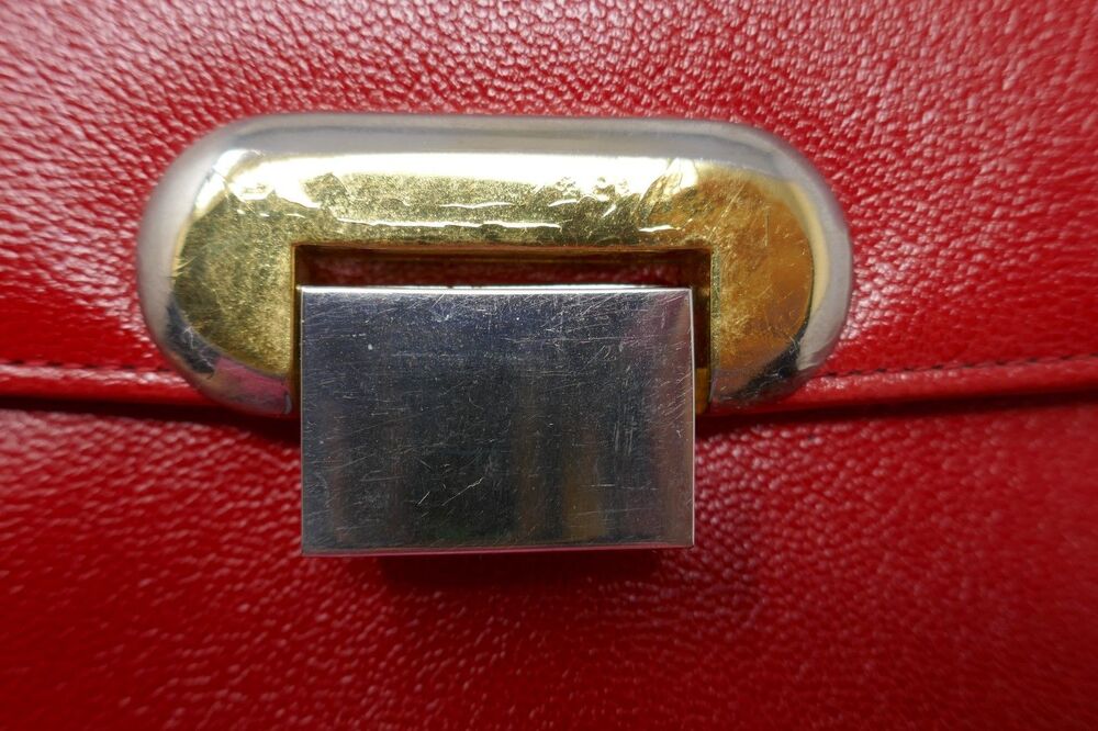 Koret Vintage 1950s 1960s Mid Century Two Tone Clasp Red Leather Top Handle Bag - Picture 3 of 16